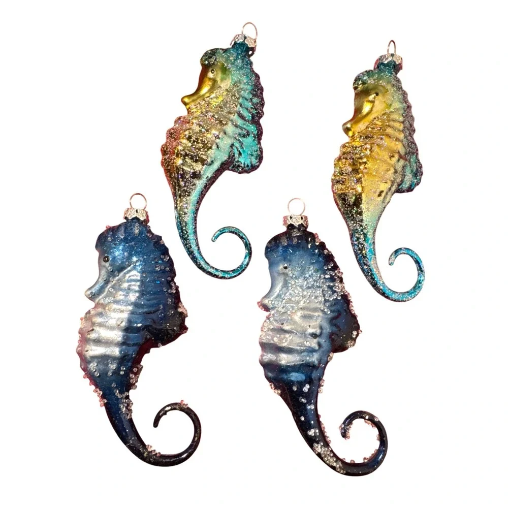 Set of 4 Glass Seahorse Christmas Ornaments Blue Teal Gold Glitter Coastal 4.5